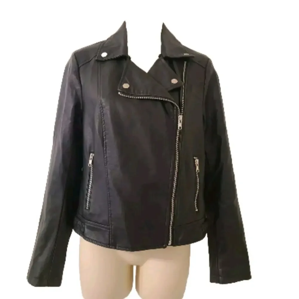 Women's Black Moto Jacket Small Vegan Leather Asymmetrical Edgy